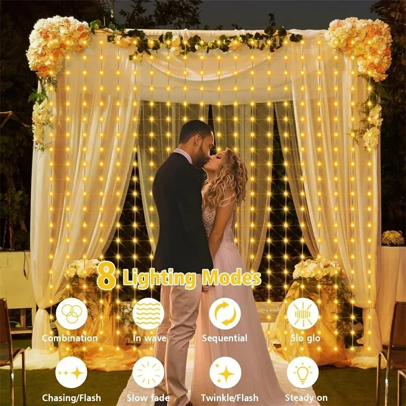 Curtain String Lights Solar Outdoor 8 Lighting Modes LED Light for Garden Wedding Christmas New Year Home Inner Court Decoration