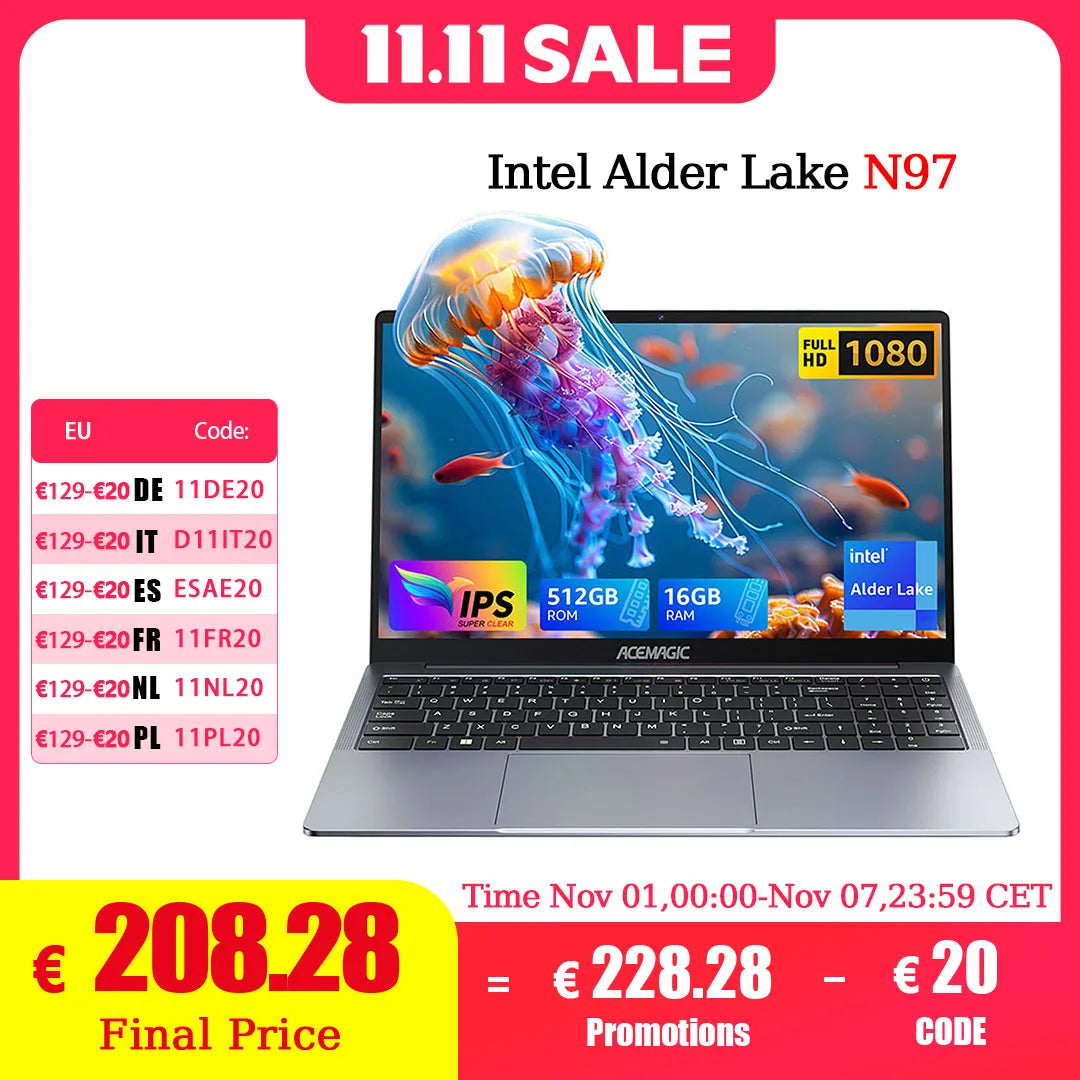 ACEMAGIC Laptop 16inch FHD Laptop Intel Alder Lake N97 16GB RAM 512GB SSD Windows 11 Pro Notebook 180° Flip Computer Wifi6 BT5.2