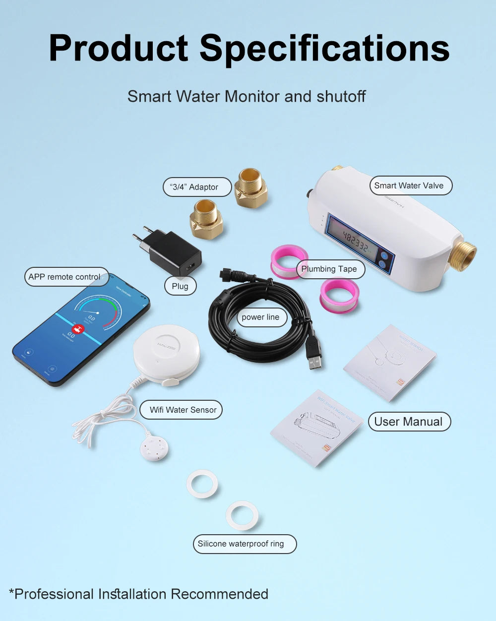 Haozee Tuya Smart WiFi Water Valve Shutoff Water Flow Meter Built in Rechargable Battery for DN20 3/4-Inch Diameter Pipe