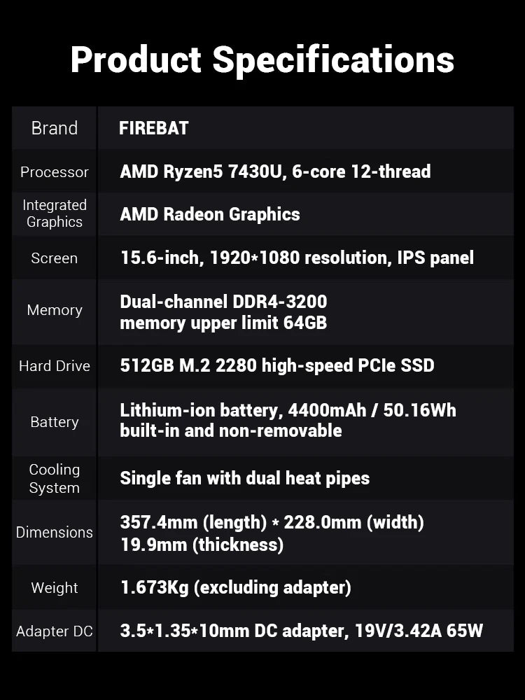 Firebat AS1 Laptop AMD Ryzen5 7430u CPU 15.6 Inch 16GB RAM 512GB SSD Lightweight Business Computer Windows Notebook BT5.2 WiFi6