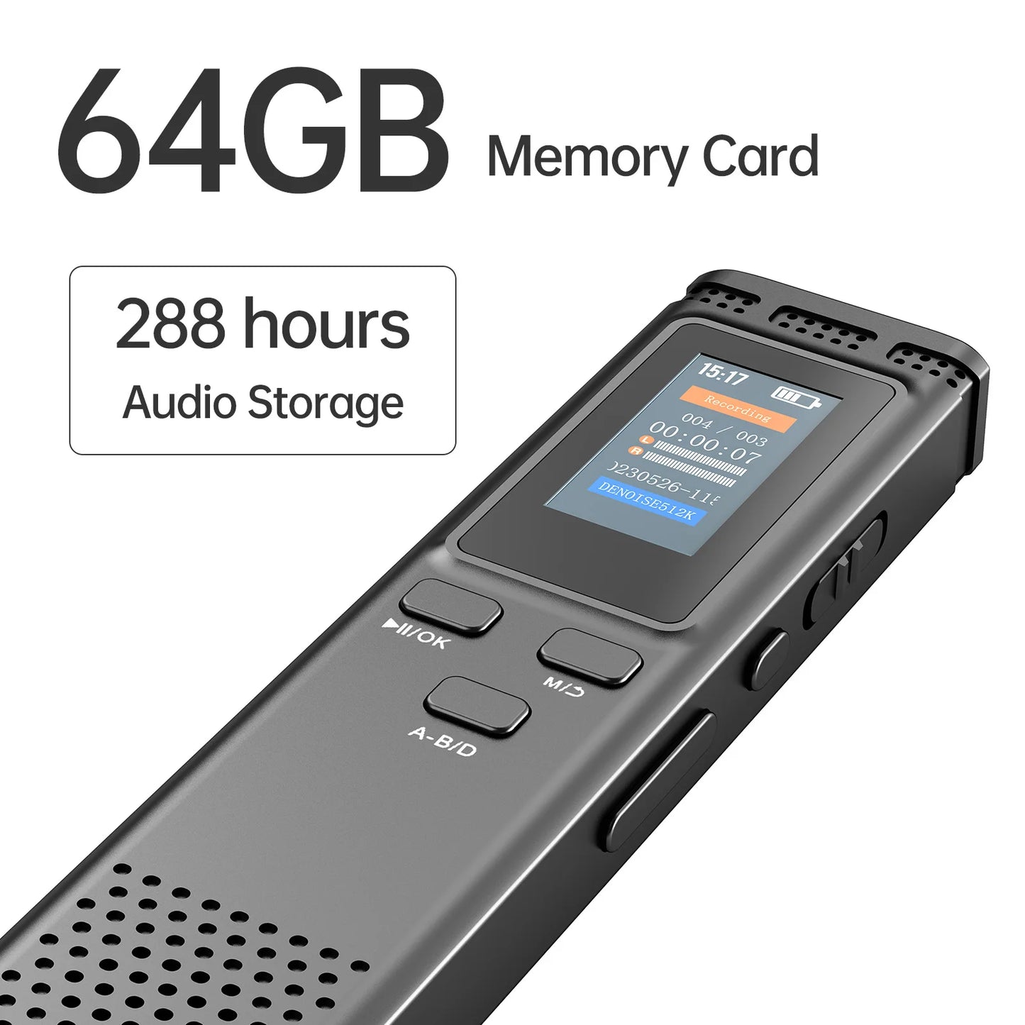64GB/16GB/8GB Digital Voice Recorder Voice Activated Audio Recording Noise Reduction with Playback MP3 Music Player 288hrs