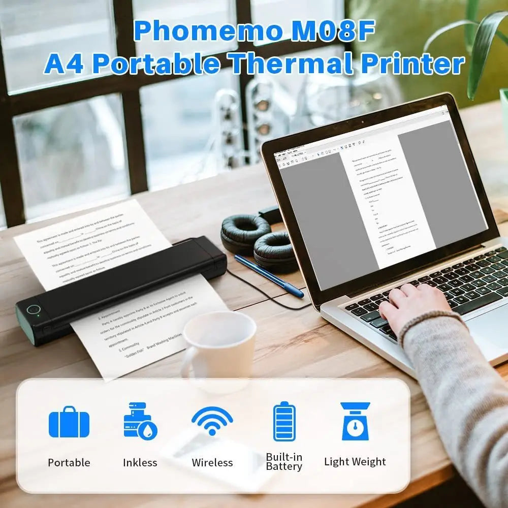Mini Phomemo M08F Portable Printer Bluetuth Thermal Printer Compatible with Android, iOS & Laptop Portable Wireless A4 Printers