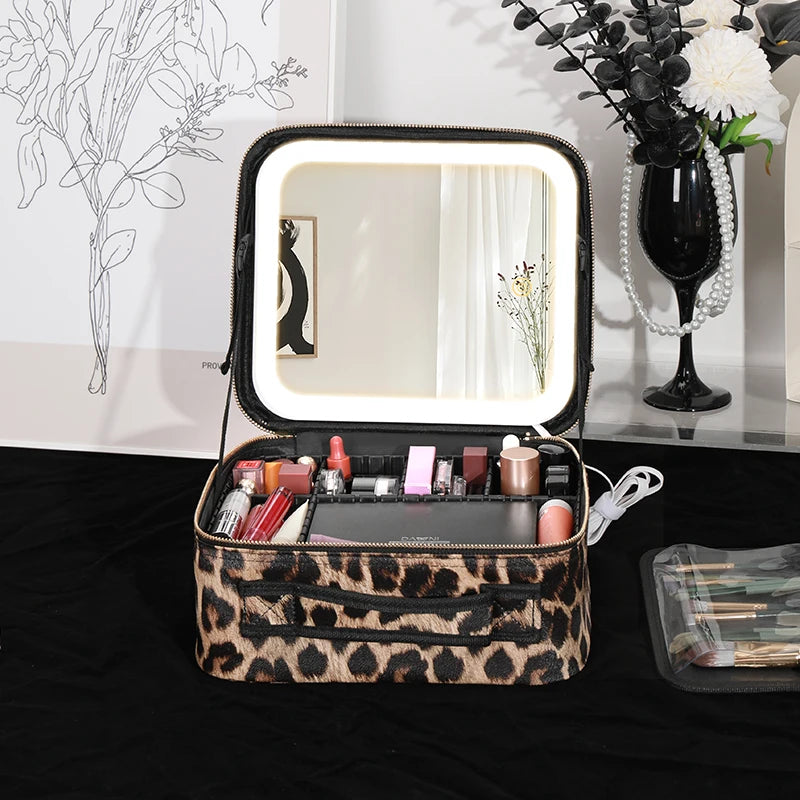 Travel Makeup Bag with LED Lighted Mirror 3 Color Scenarios Adjustable Brightness, with DIY Dividers, Toiletry Makeup Case Gift