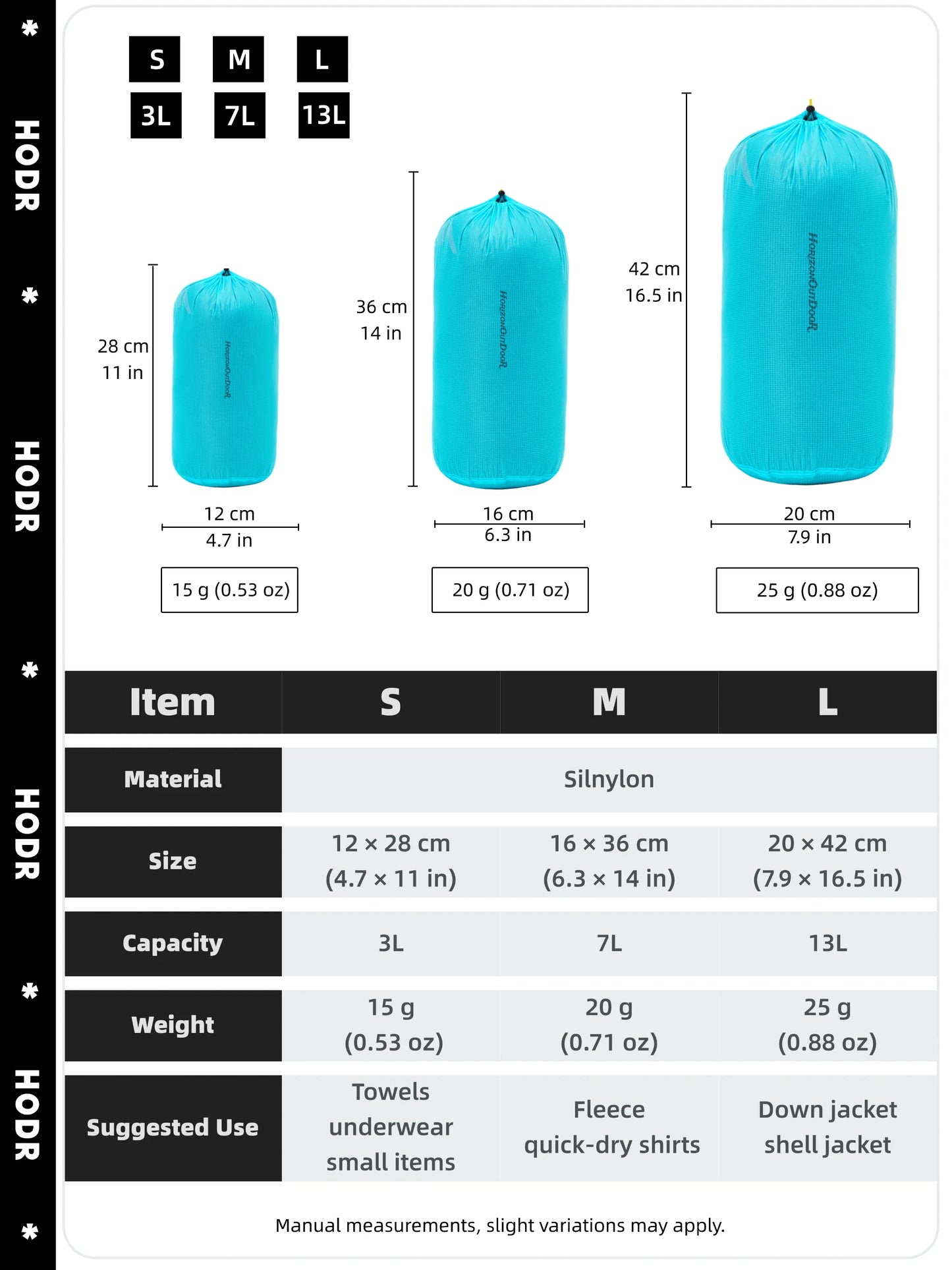 [HODR] Ultralight Stuff Sack Ultra-SIL Ripstop Water-Resistant Ultralight Ditty Bags Drawstring for Traveling Hiking Backpacking