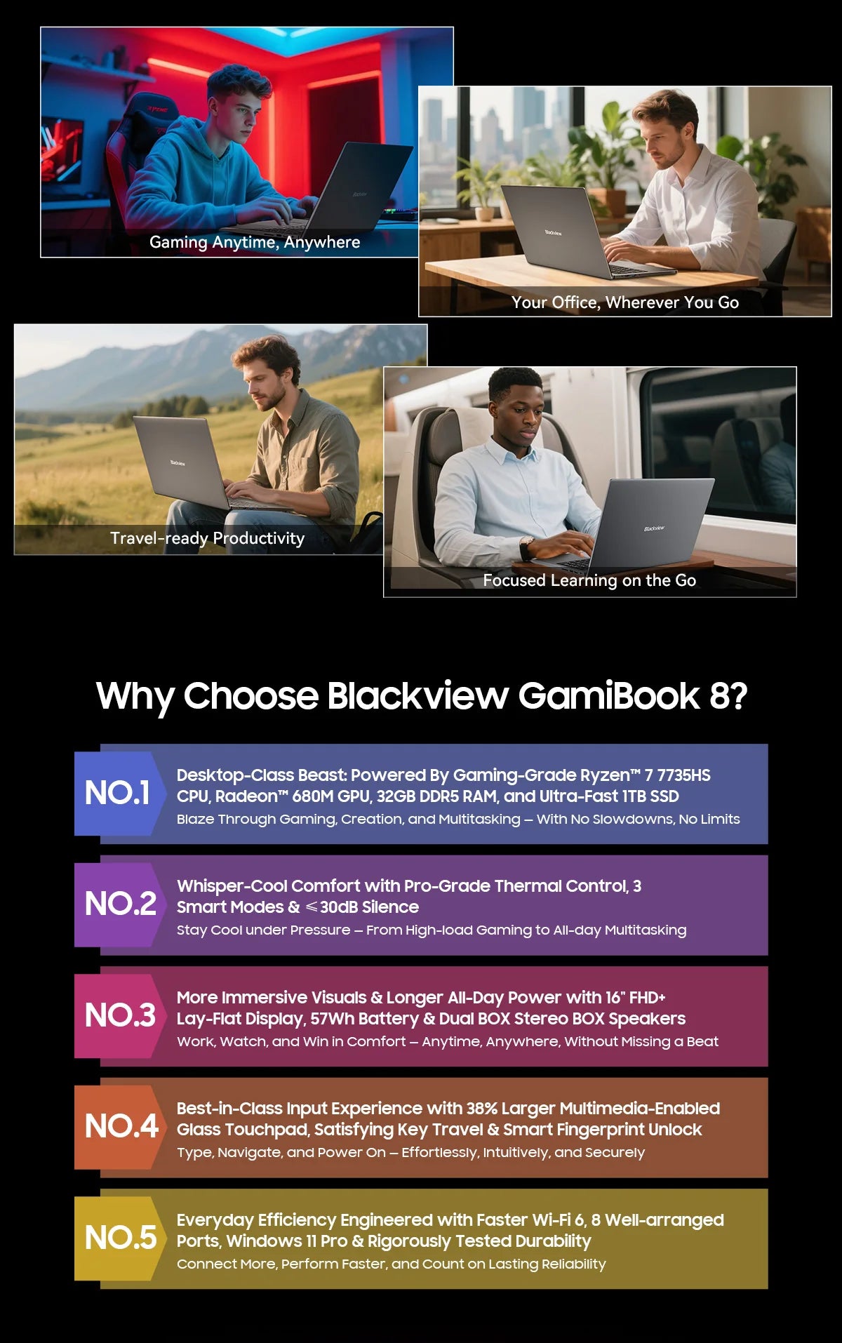 BLACKVIEW ‎GamiBook 8 AMD R7 7735HS 16" 16GB DDR5 512GB SSD 5000MAH Laptop  Windows 11 Pro 1920*1200  Backlit Keyboard 120Hz