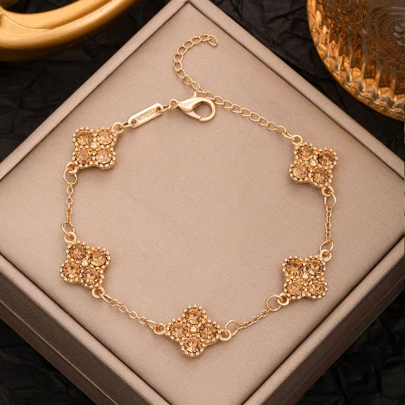 Colorful Crystal Four Leaf Clover Bracelets for Women Girls Lucky Clovers Flower Fashion Wrist Chain Jewelry Party Wear Bijoux