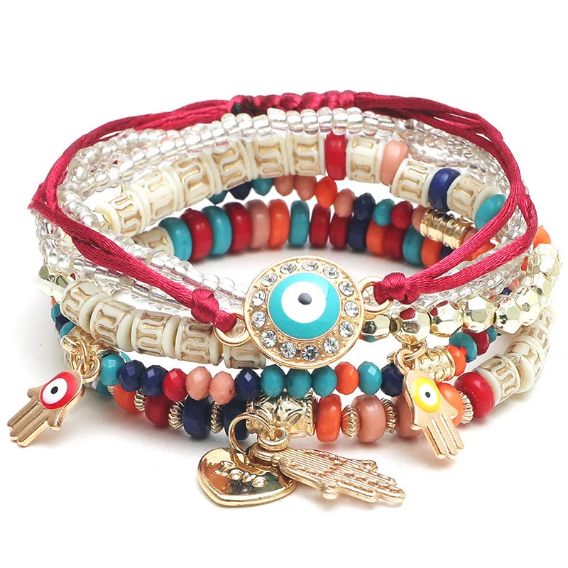 6Pcs/set Bohemian Evil Eye Bracelet Set For Women Fatima Hand Heart Charm Beaded Rope Chain Bangle Female Jewelry Gift