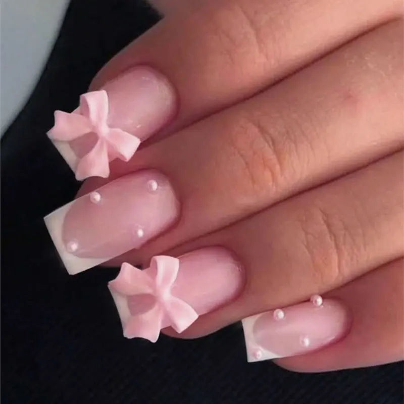 White French Press on Nails 3D Bowknot Fake Nails Tips Full Cover Wearable False Nails for Women and Girls DIY Manicure 24Pcs