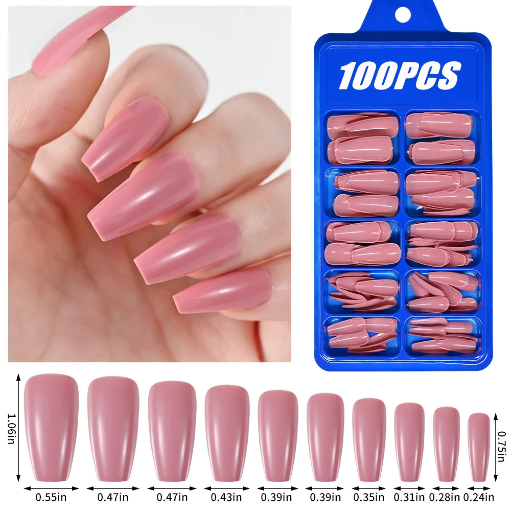 100Pcs Light Pink Press on Nails Short Medium Square Wearable Fake Nails Tips 10 sizes Full Cover False Nails Finger Decoration