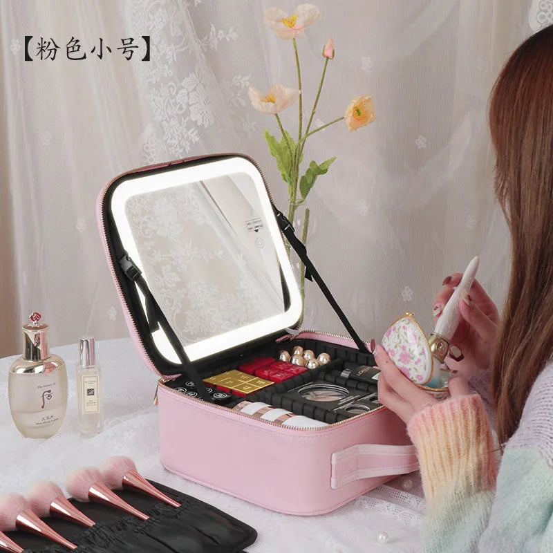 New LED Lighted Cosmetic Case with Mirror Waterproof PU Leather Portable Travel Makeup Storage Bags