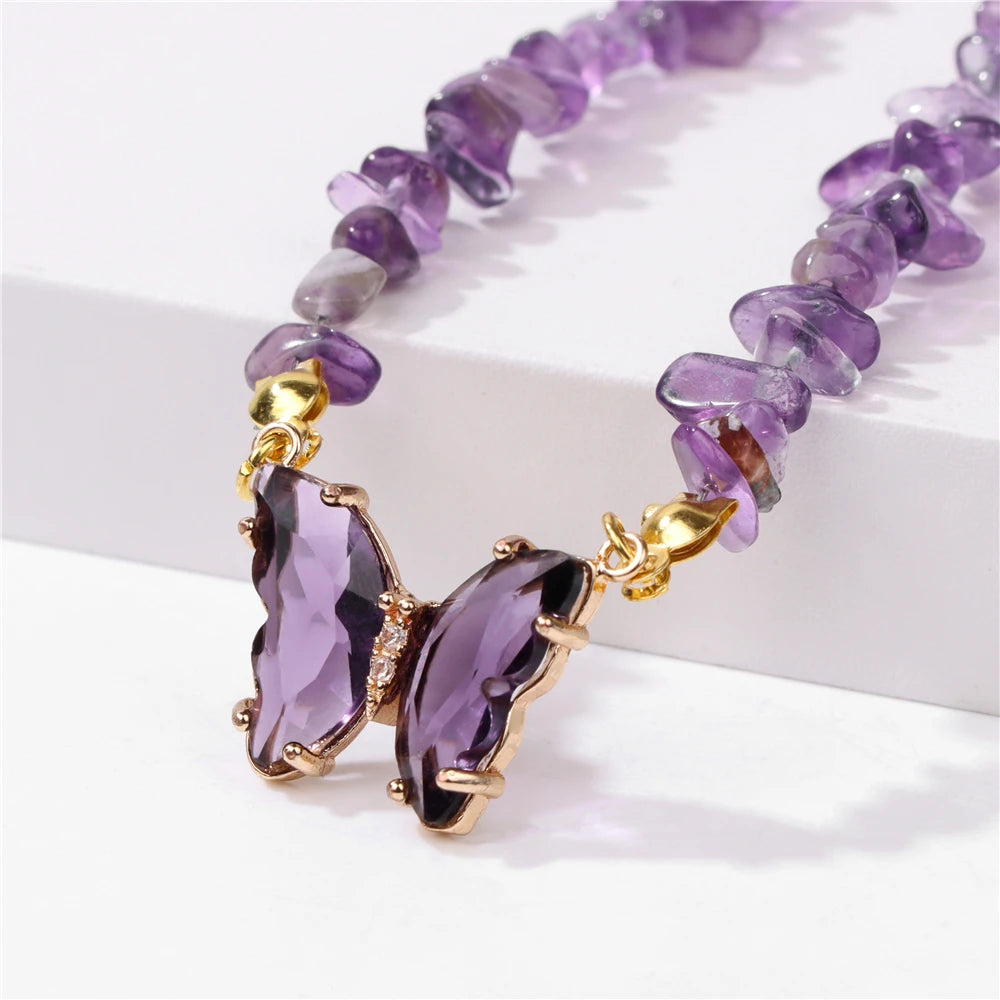 Trendy Butterfly Crystal Necklace Natural Purple Amethysts Quartzs Crystal Chip Stone Necklace Jewelry Gift For Women Couple