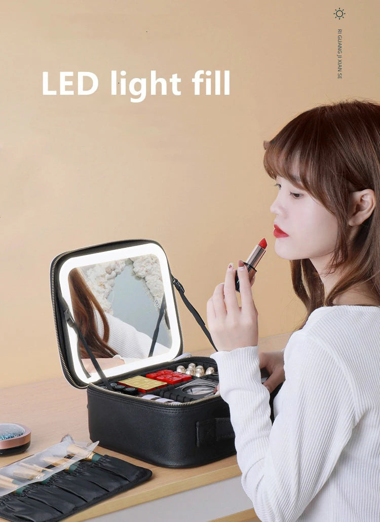 New LED Lighted Cosmetic Case with Mirror Waterproof PU Leather Portable Travel Makeup Storage Bags