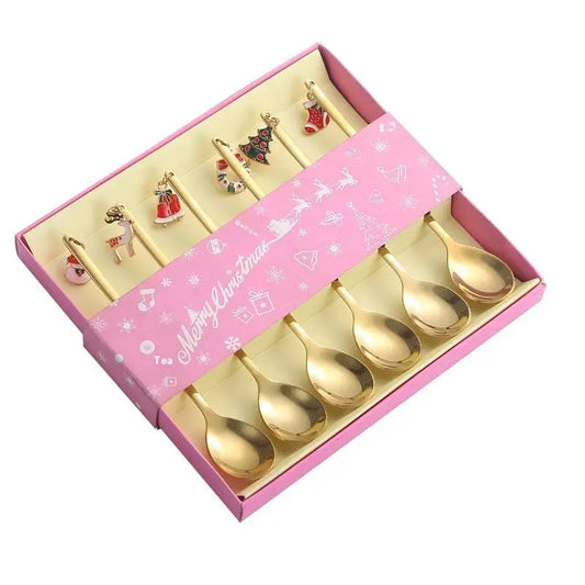 6PCS Christmas Spoons Coffee Cutlery Set Stainless Steel Cutlery Set Dessert Spoon Forks Christmas Gifts Elk Christmas Decoratio