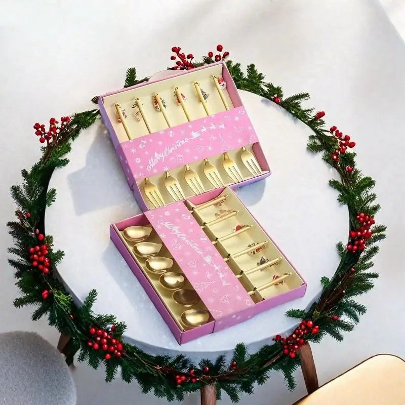 6PCS Christmas Spoons Coffee Cutlery Set Stainless Steel Cutlery Set Dessert Spoon Forks Christmas Gifts Elk Christmas Decoratio