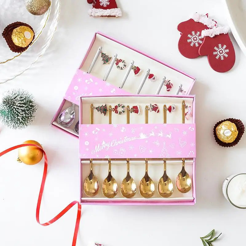 6PCS Christmas Spoons Coffee Cutlery Set Stainless Steel Cutlery Set Dessert Spoon Forks Christmas Gifts Elk Christmas Decoratio