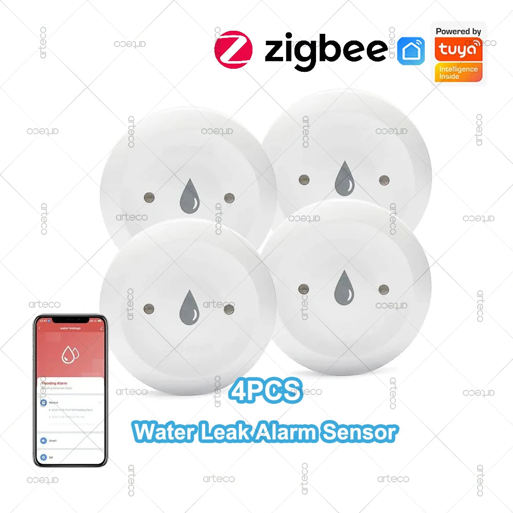 4Pcs ZigBee Water Leak Sensor Flood Water Detector Leakage Alarm For Kitchen/Bathroom Tuya Smart App Control Support Zigbee2MQTT