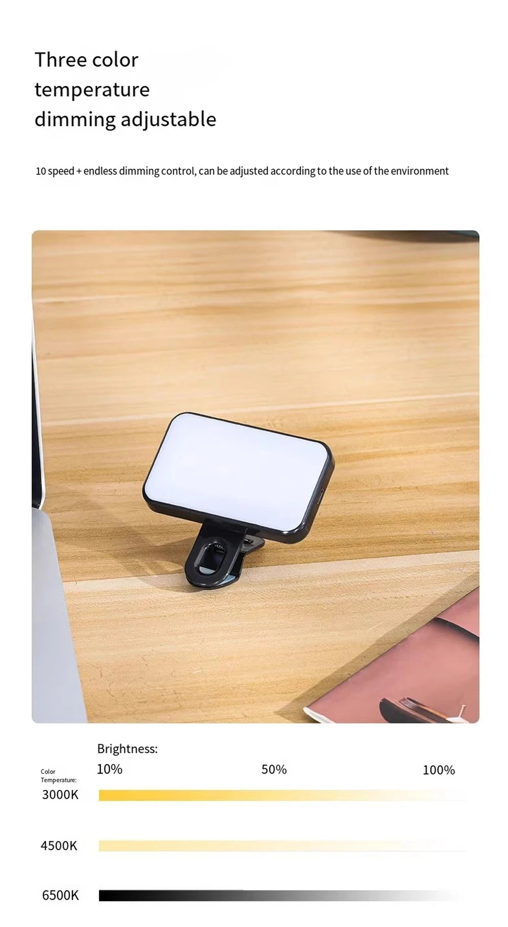 Portable Mini Selfie Fill Light Rechargeable Clip 3 Modes Adjustable Brightness On For Phone Laptop Tablet Meeting Make Up ﻿