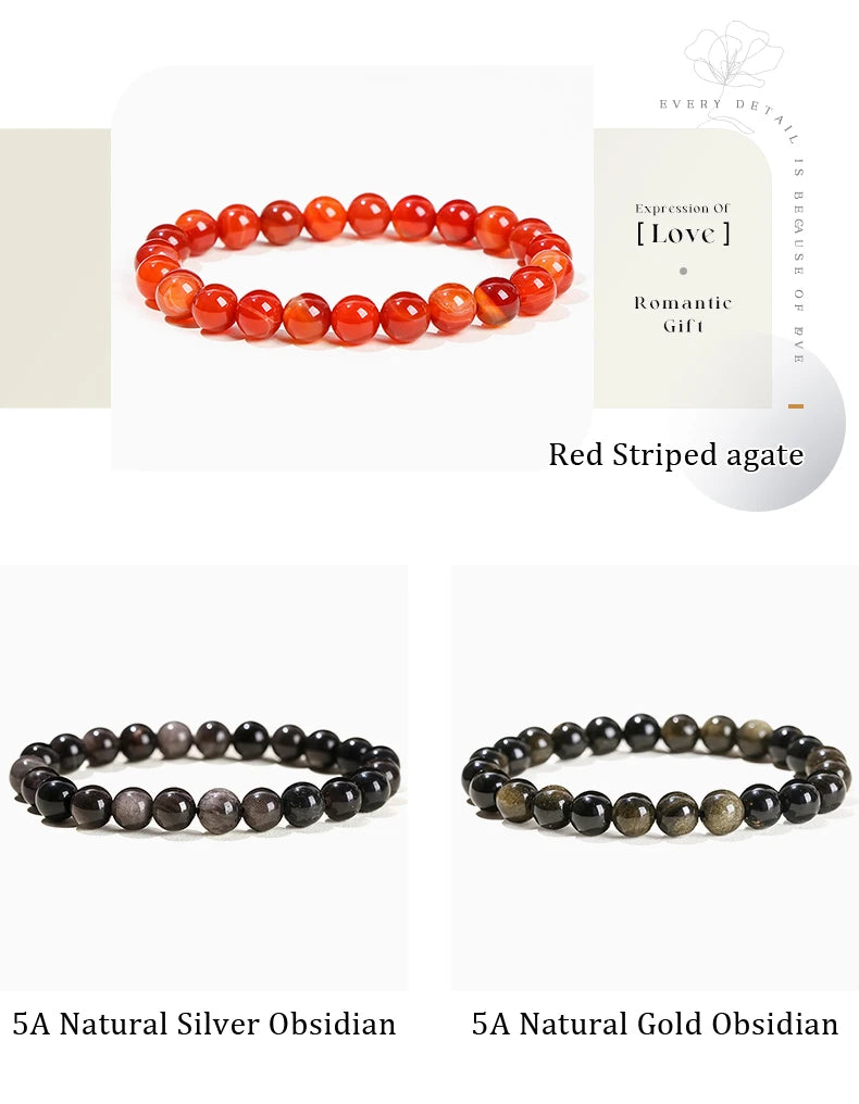 JD Natural Stone Beads Bracelet Amethyst Tiger Eye Crystal Quartz Agate Gem Beads Bangles Women Men Reiki Healling Jewelry Gift