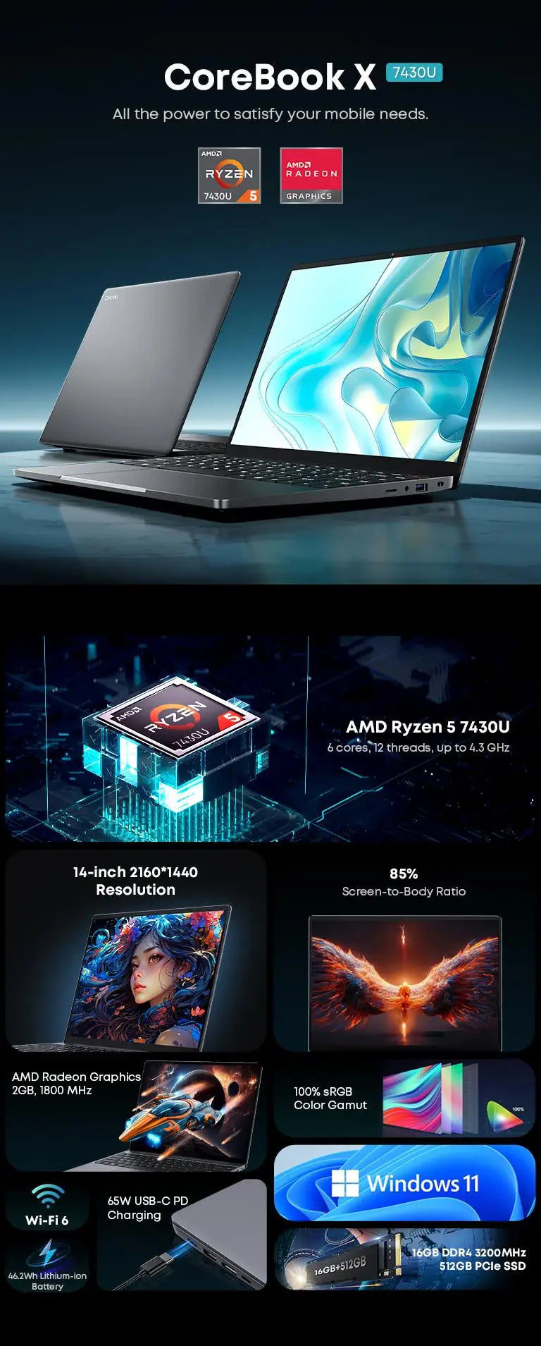 CHUWI CoreBook X Gaming Laptop AMD R5-7430U 16GB DDR4 RAM 512GB SSD 14.1 inch FHD Screen Lightweight Notebook 4.3 GHz Windows 11