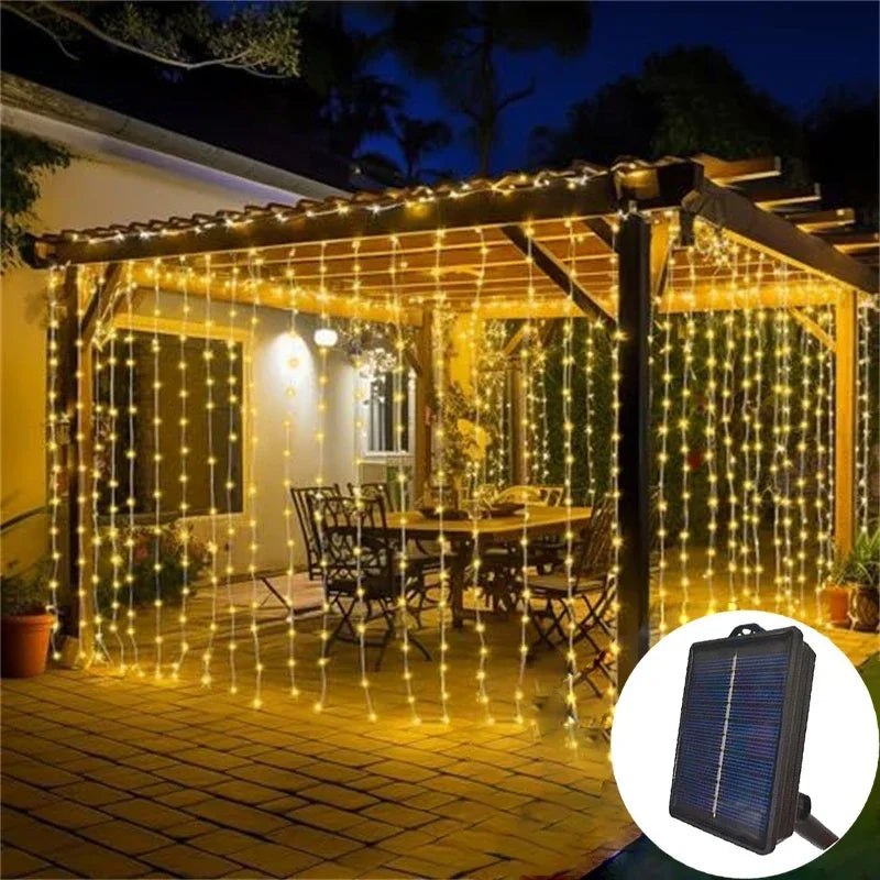 Curtain String Lights Solar Outdoor 8 Lighting Modes LED Light for Garden Wedding Christmas New Year Home Inner Court Decoration
