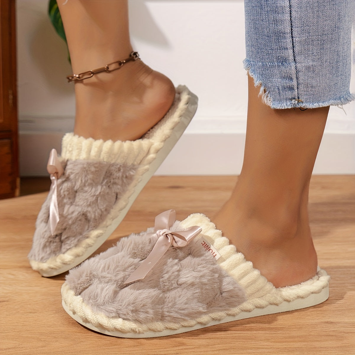 Cozy & Chic Women's Winter Plush Slippers - Soft, Warm Indoor Comfort with Non-Slip PVC Sole, Cream Cuff Detail, Hand Washable - Perfect for Home Relaxation