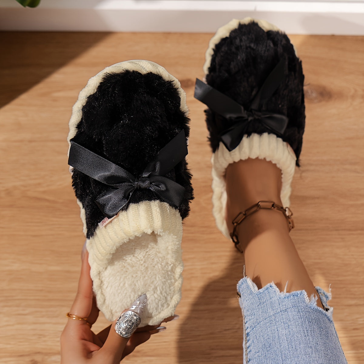 Cozy & Chic Women's Winter Plush Slippers - Soft, Warm Indoor Comfort with Non-Slip PVC Sole, Cream Cuff Detail, Hand Washable - Perfect for Home Relaxation