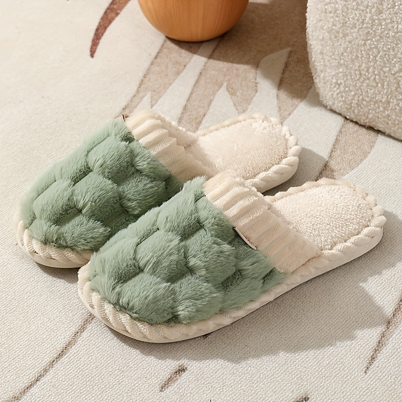 Cozy & Chic Women's Winter Plush Slippers - Soft, Warm Indoor Comfort with Non-Slip PVC Sole, Cream Cuff Detail, Hand Washable - Perfect for Home Relaxation