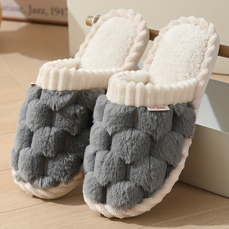 Cozy & Chic Women's Winter Plush Slippers - Soft, Warm Indoor Comfort with Non-Slip PVC Sole, Cream Cuff Detail, Hand Washable - Perfect for Home Relaxation