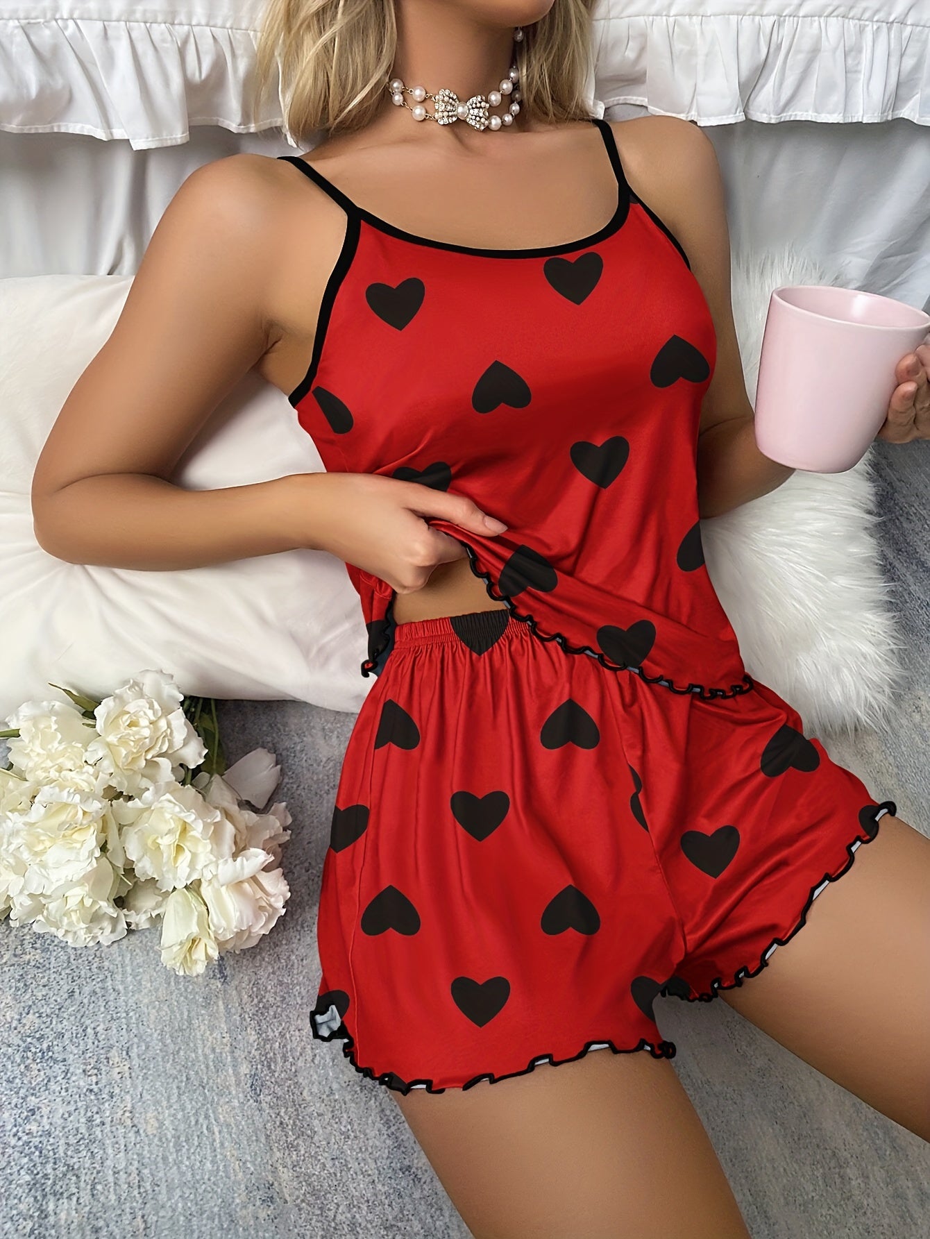 Heart Print Pajama Set, Scoop Neck Cami Top & Lettuce Trim Shorts, Women's Sleepwear & Loungewear