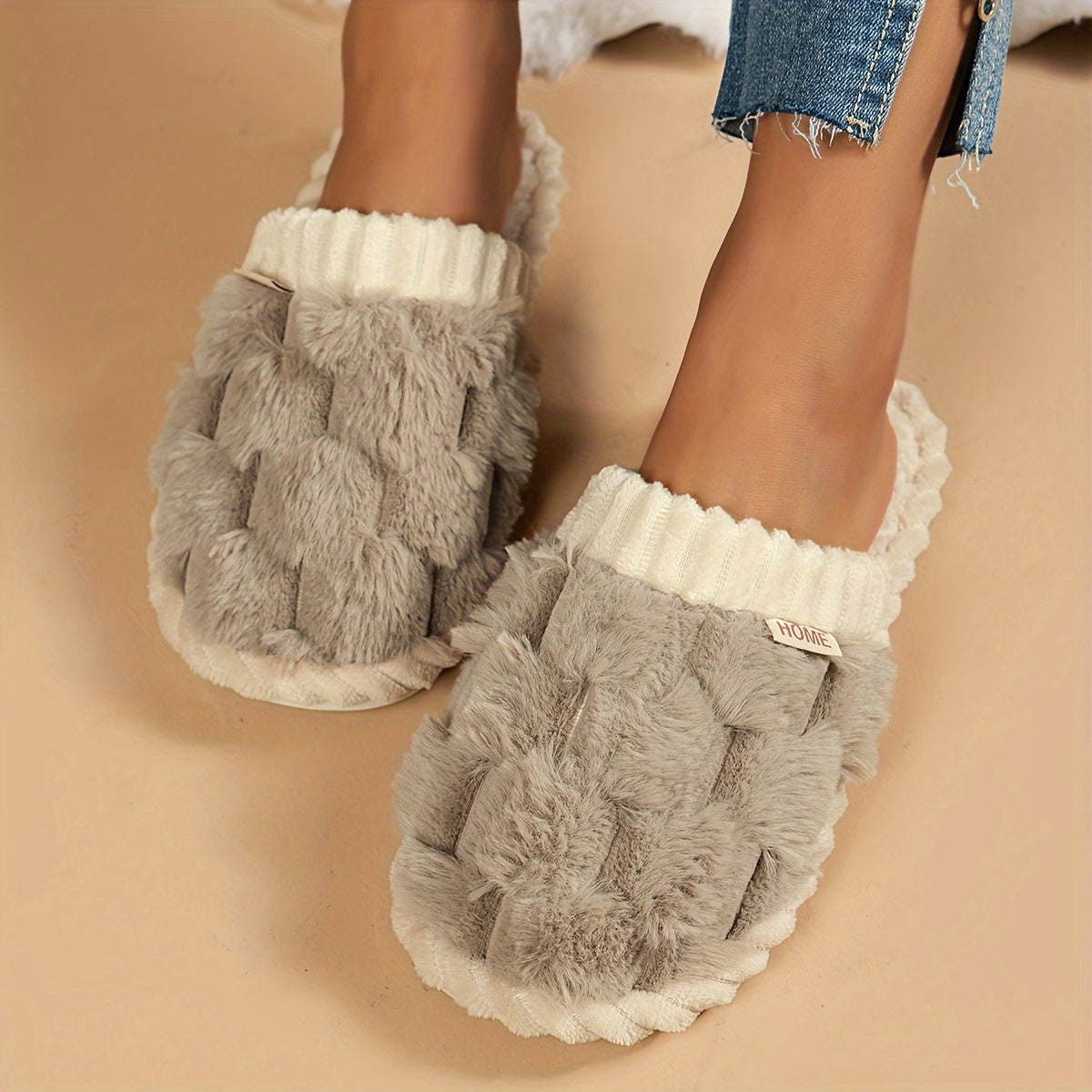 Cozy & Chic Women's Winter Plush Slippers - Soft, Warm Indoor Comfort with Non-Slip PVC Sole, Cream Cuff Detail, Hand Washable - Perfect for Home Relaxation