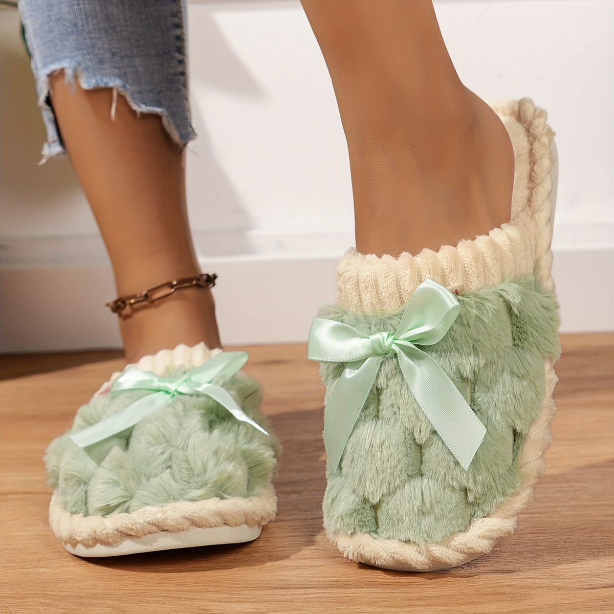 Cozy & Chic Women's Winter Plush Slippers - Soft, Warm Indoor Comfort with Non-Slip PVC Sole, Cream Cuff Detail, Hand Washable - Perfect for Home Relaxation