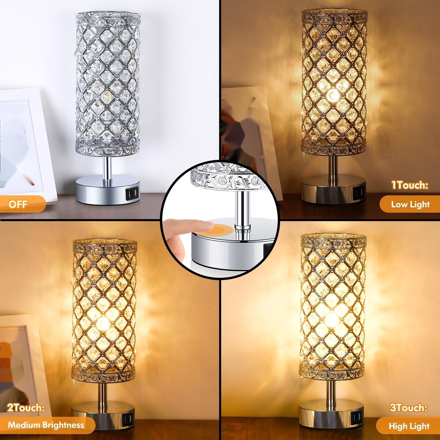 Touch Control Crystal Table Lamp Set of 2 Bedside Nightstand Lamps with 2 USB Charging Ports, 3-Way Dimmable, K9 Crystal Decorative Desk Lamp for Bedroom, Girls Guest Room, Living Room, Bulbs Included