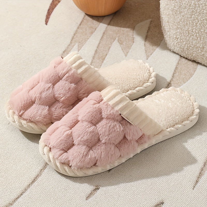 Cozy & Chic Women's Winter Plush Slippers - Soft, Warm Indoor Comfort with Non-Slip PVC Sole, Cream Cuff Detail, Hand Washable - Perfect for Home Relaxation
