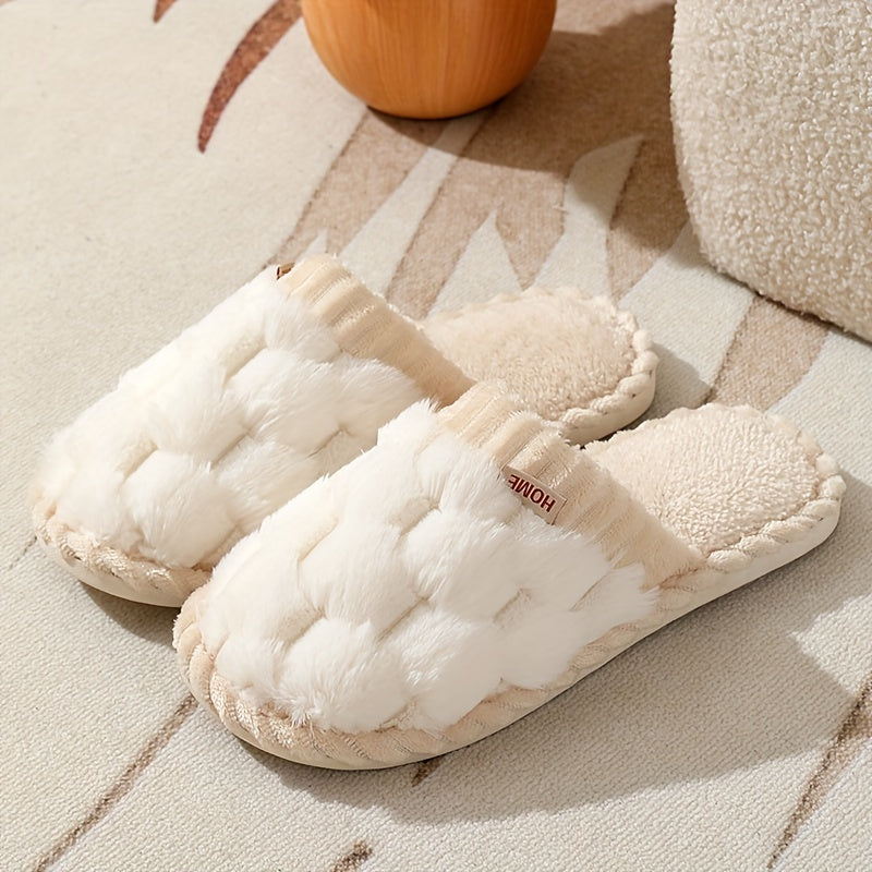 Cozy & Chic Women's Winter Plush Slippers - Soft, Warm Indoor Comfort with Non-Slip PVC Sole, Cream Cuff Detail, Hand Washable - Perfect for Home Relaxation