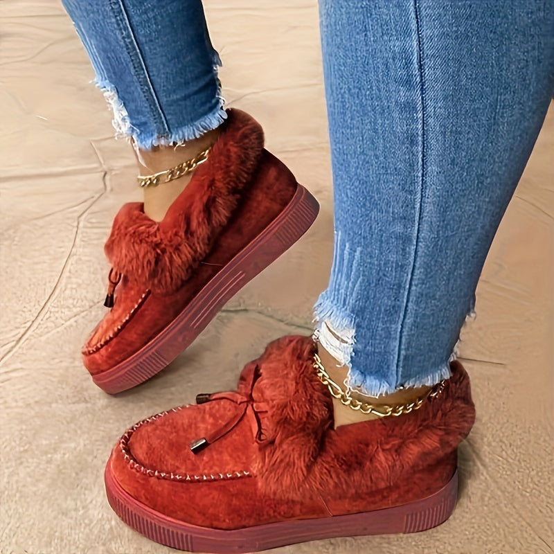 Women's Plush Faux Fur Winter Ankle Boots - Slip-On Snow Boots with Round Toe, Soft Fabric Upper & Lining, Non-Slip Rubber Sole - Plus Size Available in Vibrant Pink for Cold Weather Comfort, Cozy Indoor Slippers, Fashionable