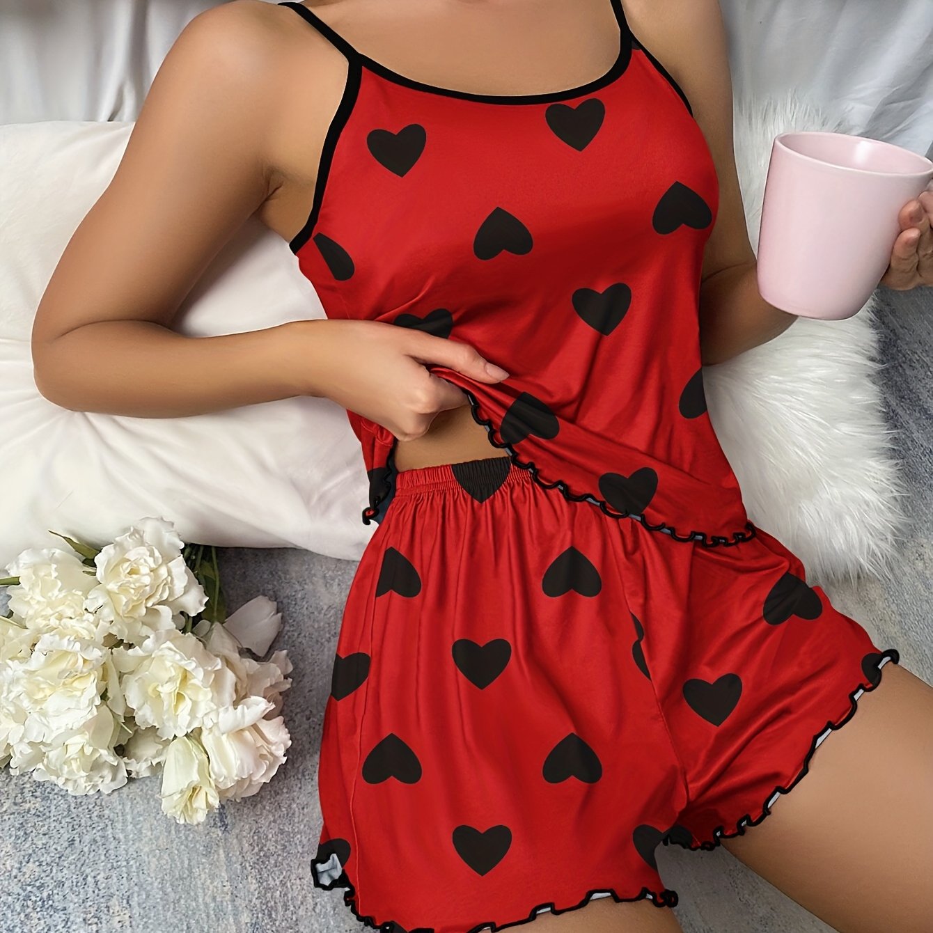 Heart Print Pajama Set, Scoop Neck Cami Top & Lettuce Trim Shorts, Women's Sleepwear & Loungewear