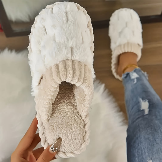 Cozy & Chic Women's Winter Plush Slippers - Soft, Warm Indoor Comfort with Non-Slip PVC Sole, Cream Cuff Detail, Hand Washable - Perfect for Home Relaxation