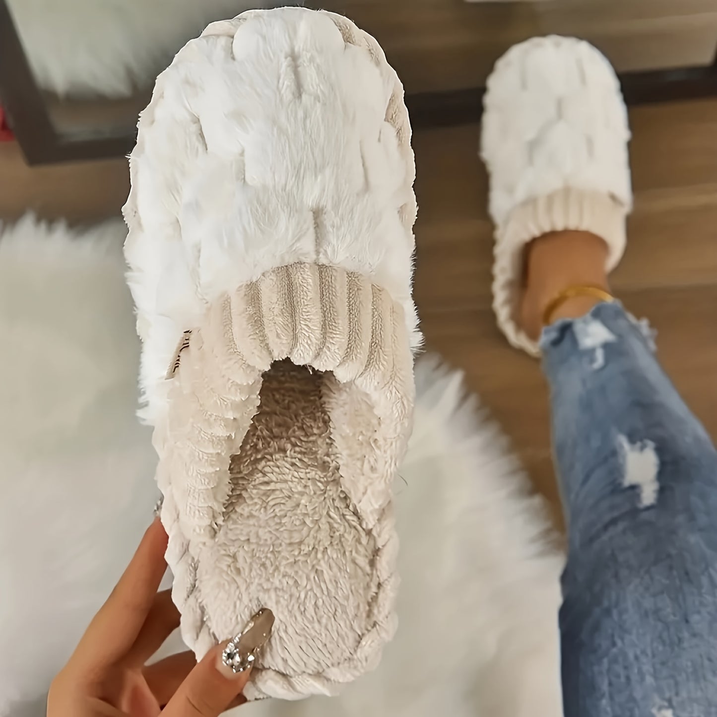 Cozy & Chic Women's Winter Plush Slippers - Soft, Warm Indoor Comfort with Non-Slip PVC Sole, Cream Cuff Detail, Hand Washable - Perfect for Home Relaxation